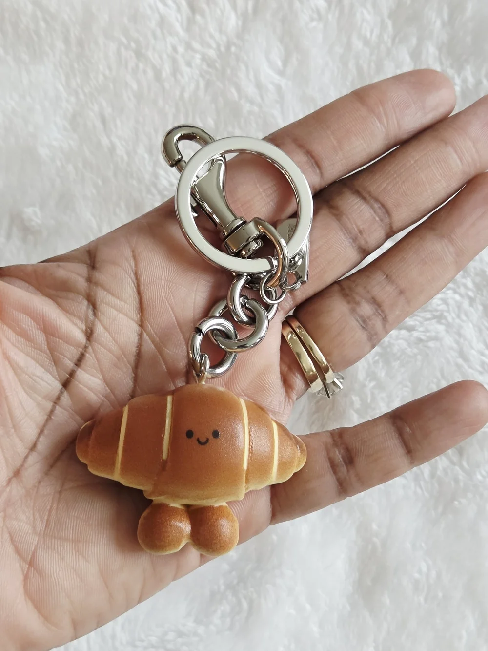 C Logo Silver Key Ring with Cute Croissant Charm - Brown Fun Bag Charm